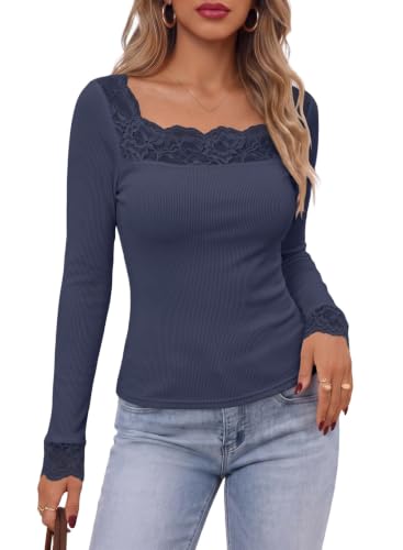 Image of Dokotoo Womens Tops Lace Long Sleeve T Shirts Ribbed Knit Stretch Top 2026