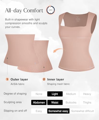 Image of Popilush Tank Tops for Women Square Neck Shapewear Tummy Control Shirts Sleeveless Basic Double Lined Going Out Top