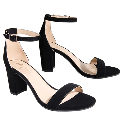 Ankis Black Heels for Women - Open Toe Ankle Strap Chunky Heel Pump Sandals Party Wedding Strappy...