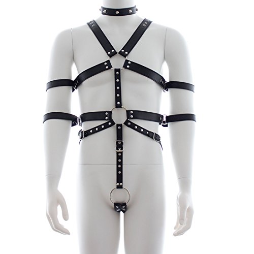 iiniim Mens Adjustable PU Leather Full Body Chest Harness with Collar and Armbands