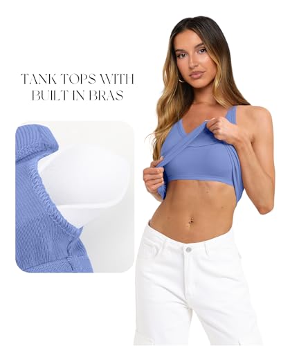 Image of Darong Womens V Neck Tank Top Built in Bra | Halter neck, Built in bra, Ribbed knit, Soft material, V neck, Strappy back, Sexy style