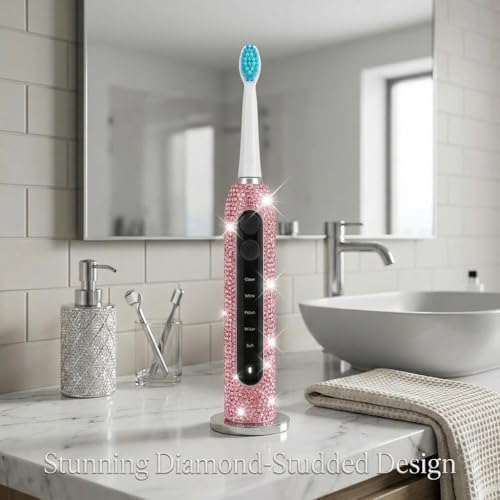 Veseek Diamond Sonic Electric Toothbrush Bling Rechargeable Toothbrushes for Adults with 6 Brush Heads Vibrating Toothbrush-5 Modes, USB-C Fast Charge,2Min Smart Timer,IPX7 Waterproof(Pink) - Image 5
