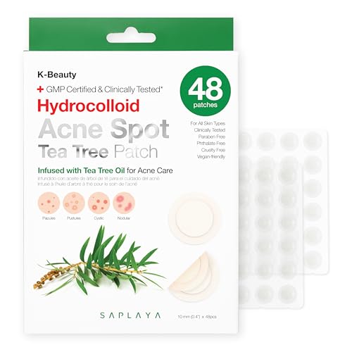 Saplaya Hydrocolloid Blemish Patches with Tea Tree (48 Count) K-Beauty Spot Patches for Skin Appearance Support Ultra-Thin, Discreet, All Skin Types