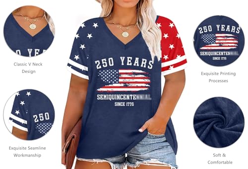 Plus Size 250th Anniversary Shirt Women American Flag Shirts V Neck Patriotic Tops USA Tees 4th of July T-Shirt by LHBNK - Used condition - US$15.55