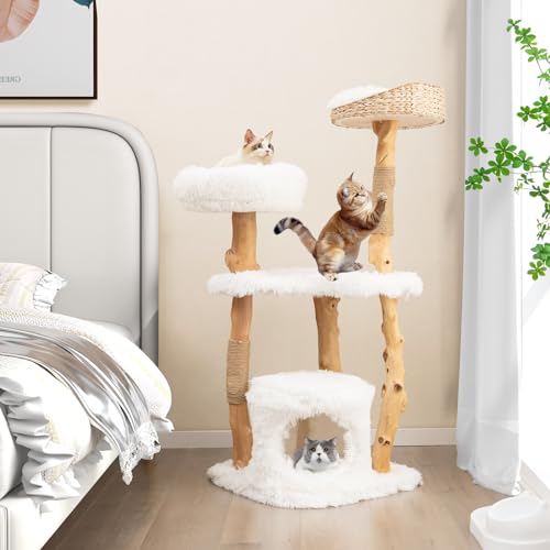 Tangkula Árbol para Gatos de Madera Sólida 49 in Blanco miniatura 2