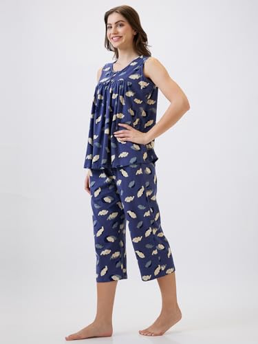 Image of AV2 Women's Cotton Printed Round Neck Sleeveless Night Suit Set | Capri Set | Casual Night Dress for Women
