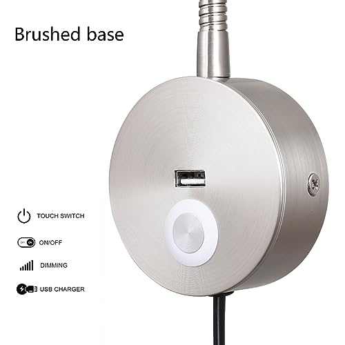 Image of LED Bedside Touch Dimmable Wall Mounted Reading Light - Night Light With USB Flexible Gooseneck - Brushed Nickel