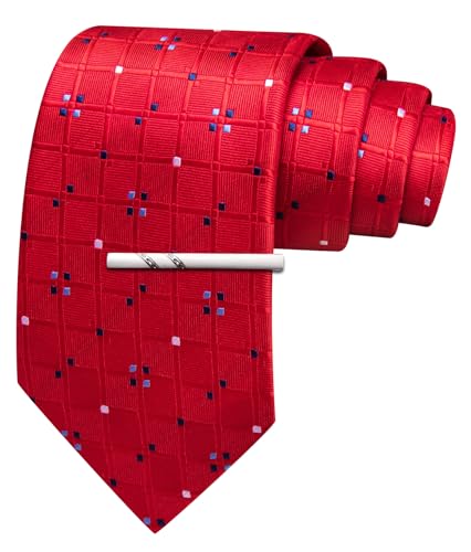 Image of Barry.Wang Plaid Ties Mens Silk Necktie and Tie Clip Checkered Tie for Wedding Party Business Formal