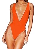 MOPOOGOSS Women's Sexy Push Up Pad Padded High Waist Solid Color One Piece Belt Swimsuit Swimwear Orange M