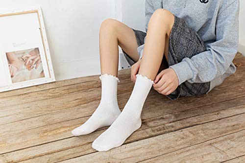 Sryl Women Ankle Socks Ruffle Turn-Cuff,Lovely Double Needle Solid Color Edge Relent Girl Socks (3 Pairs-White) #TOP3