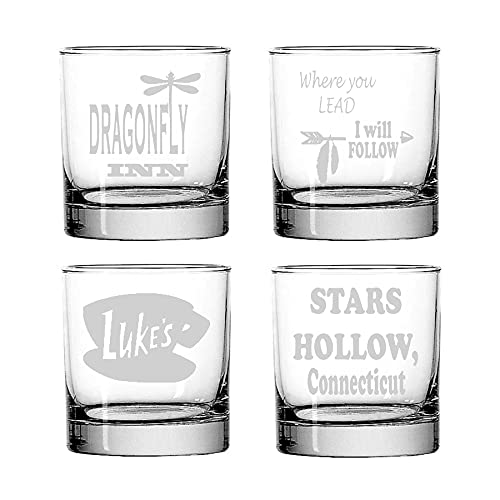 Brindle Southern Farms Gilmore Rocks Glasses Set of 4 Engraved Glassware: Stars Hollow, Luke's Diner, Where You Lead I Will Follow, Dragonfly Inn, Clear Glass