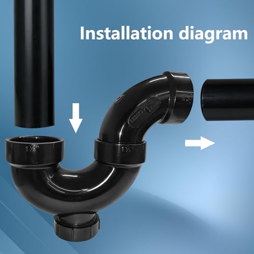 Image of Lesso 1-1 /2 Inch ABS P-Trap - HUB x HUB Connection with Union & Cleanout Plug, Black, Leak-Proof Sink Drain Trap for Kitchen /Bathroom Plumbing