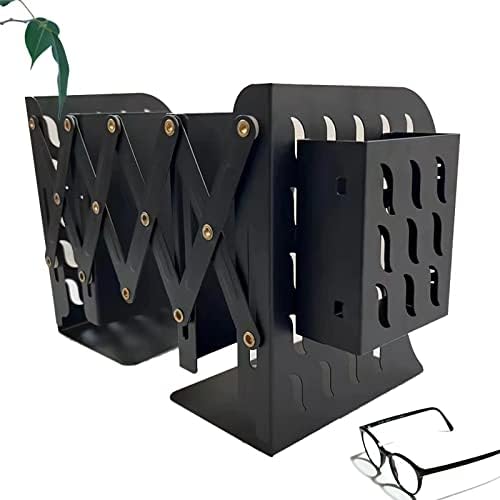 Metal Adjustable Bookend with Built-in Pen Holder - Organize Your Kitchen, Office, and Home | Decorative and Functional Shelf Organizer(Black)