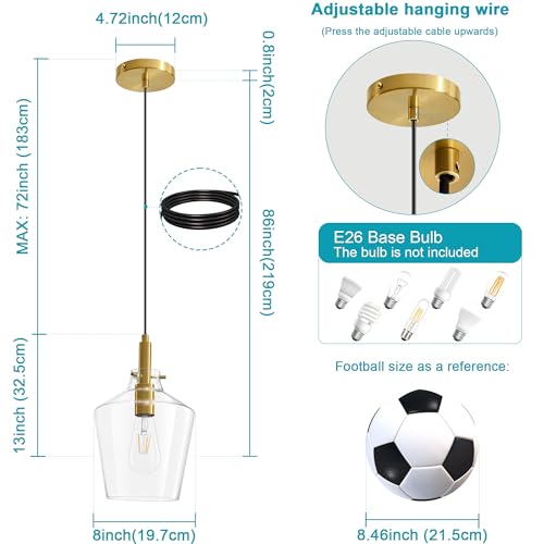Image of Glass Pendant Lighting for Kitchen Island Entryway 2 Pack Gold Clear 8 Inch | Adjustable cord Dimmable, E26 bulbs, Rust-resistant Damp Rated For Bathrooms, 5-Year Manufacturer Warranty, UL Certification