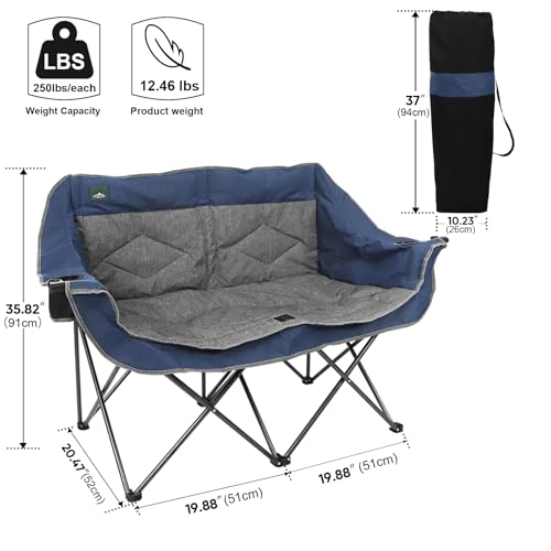 Silla plegable Northroad Loveseat para camping, doble, acolchonada, portátil, para 2 personas, con porta vasos y almacenamiento, soporte 500 libras, color azul gris miniatura 3