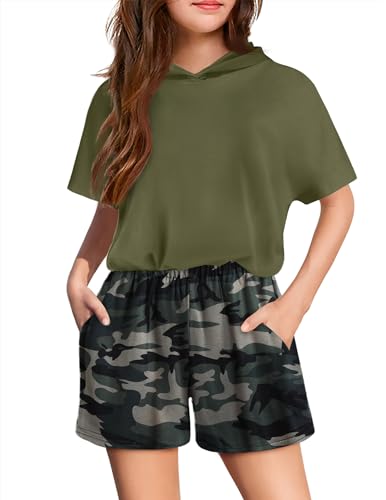 Image of Girls Summer Outfits Kids Hooded-Shirts and Elastic Waist Shorts Sets | short sleeve drop shoulder hooded shirt and shorts with two pockets tie dye leopard letter