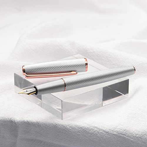 Hongdian A3 Silver Aluminum Fountain Pen, Extra Fine Nib Luxury Design Smooth Writing Pen With Converter And Metal Pen Case Set (Rose Gold Trim) #TOP3