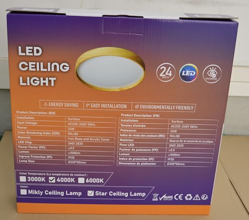 DERAMOTECH Wooden Ceiling Light 24W 1500 lm, LED Ceiling Lamp, Neutral Light 4000K, Round Ceiling Light diameter 33x5CM - Image 4