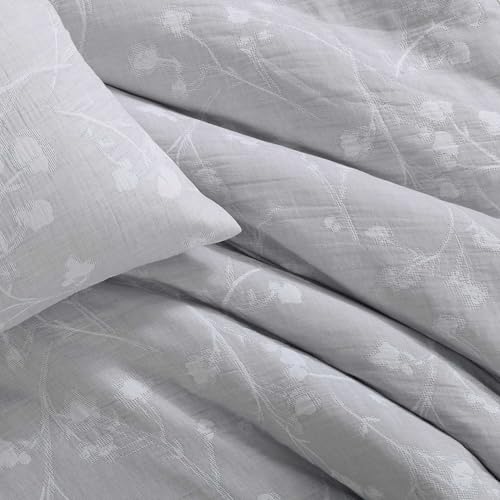 Calvin Klein – Queen Duvet Cover Set, Crisp Cotton Percale Reversible Bedding with Hidden Button Closure & Corner Ties, 3 Piece Bed Set with Matching Pillowcases (Umbra Floral Grey) by Calvin Klein - Image 4