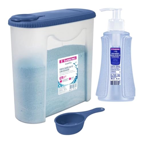 Conjunto Lavanderia Sortido: Porta Sabão em Pó com Pegadores ou Dispenser Multiuso, Cor Cristal, Lin