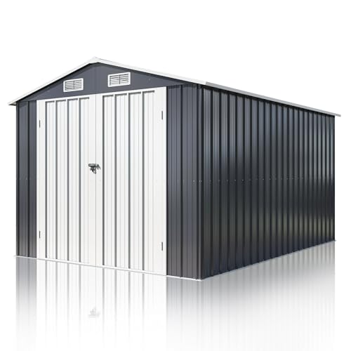 Image of DAUSOLA 8.2x12 FT Outdoor Storage Shed, Metal Garden Tool Shed with Updated Frame Structure and Lockable Doors, Ideal for Backyard Garden Patio Lawn, Grey