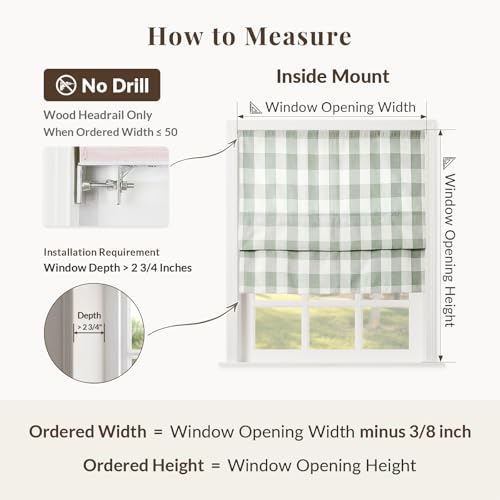 Image of TWOPAGES No Drill Cordless Buffalo Plaid Roman Shades Gingham Checkered Roman Blinds for Windows, Custom Made Room Darkening Blinds Farmhouse Shades, Light Green Grid, 1 Piece