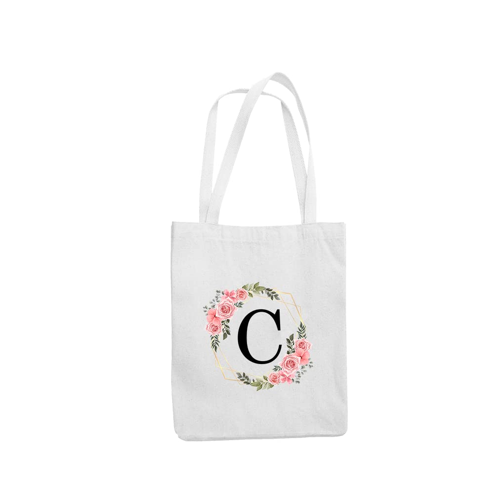 GenericGlobal Print || White Tote Bag Alphabet Initial with Floral Print (C)