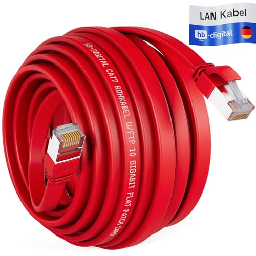 HB-DIGITAL Cable LAN RJ45 de 30 m con cable crudo CAT 7 U/FTP plano – 10 Gigabit Ethernet cable de red de cobre profesional PiMF para panel de conexiones, conmutador, router, color rojo