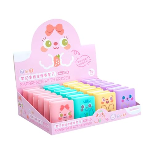 4pc Cartoon Book Shaped Eraser, Clean and Shavings Dual-Use Eraser-Eraser+Pencil Sharpener