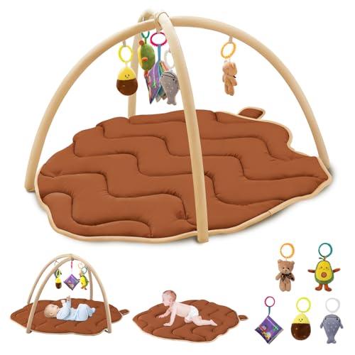 Image of Baby Play Gym Mat, Tummy Time Mat with 5 Detachable Toys, Oversize Cute Pinecone Shape, Large Sensory Playmat for Floor, Newborn Infant Baby Essentials Shower Gift 6-9-12 Months, Brown