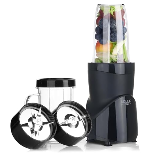 ADLER EUROPE Standmixer, Smoothie- und Cocktailmixer, Personal Blender, Eiscrusher, 1200 W, BPA-frei, 3 Flaschen und ein Becher, Edelstahlklingen mit 4 und 2 Klingen