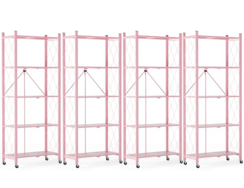 Image of ALANNG 60.6 Inch Folding Bookshelf, 5 Tier Metal Bookcase and Bookshelves | Tall Shelves for Living Room Office Bedroom, Heavy Duty Book Shelve Free Standing Open (Pink, 4PACK)