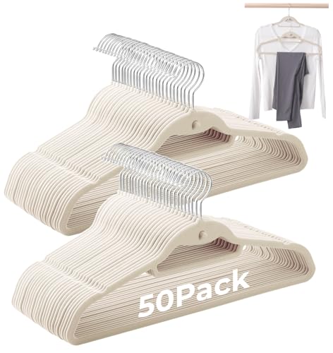 Limogoo Ivory Velvet Hangers 50 Pack, Felt Covered Non Slip Fabric with Stackable Cascading Hook, Ultra Thin and Space Saving with 360° Swivel Neck, 15Lbs Capacity for Clothes, Suit, Shirt, Coat