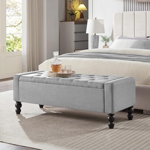 Image of 50 inch W Storage Ottoman Bench with Safety Hinge, Load up to 660 lb Ottoman with Storage, Upholstered Tufted Entryway Bench with Seating for Living Room, Bedroom, Light Gray