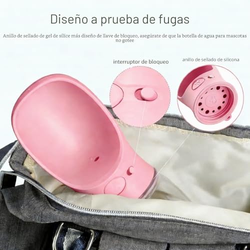 Miniatura 2 de Cotop Botella Para Perros, 350ml Dispensador De Agua Antibacteriano Para Mascotas, Taza Para Beber Para Mascotas Al Aire Libre Rosa