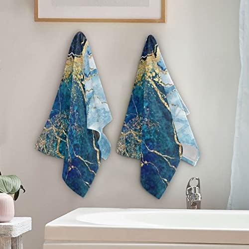 Zwifitt Blue Marble Hand Towel Navy Blue Marble Print with Gold Textured Pattern Face Towel Set of 2, for Bathroom Kitchen Adult