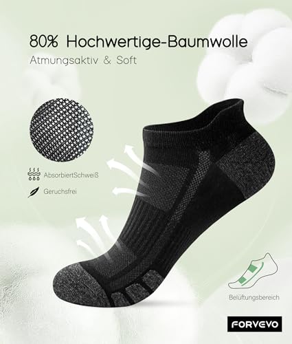 FORVEVO 10 Paar Sneaker Socken Herren 43-46, Sportsocken Baumwolle, Atmungsaktive Laufsocken Kurz für Laufen Tägliche (Schwarz)