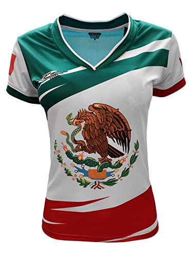Mexico National Women's Soccer Jersey, V-Neck, Short Sleeve, Tricolor Flag Design, Fitted (US, Alpha, Small, Regular, Regular, White)