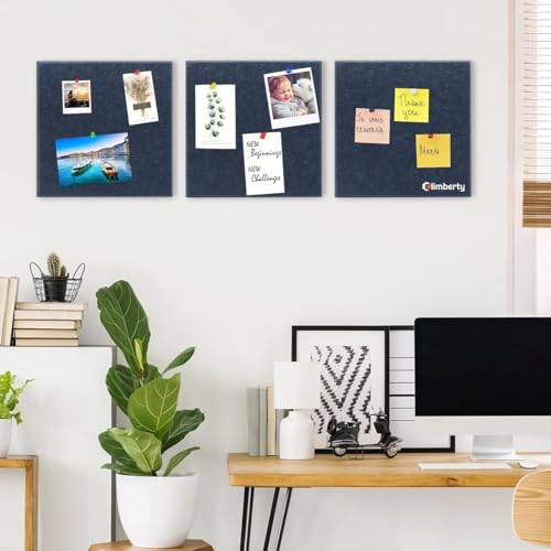 Image of Climberty 6-Piece Felt Board Bulletin Board 30x30cm Self-Adhesive Wall Panels with 50 Pushpins, Felt Message Board for Notes, Photos and Schedules Compatible with Home Office Decor (Blue)