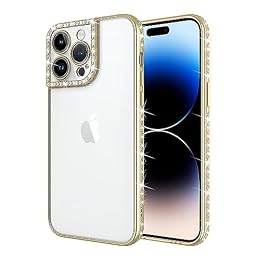 wahhle Luxury Plating Cute Bling Diamond Inlay Phone Case Cover for Women Girls with Bling Camera Protector(iPhone 15 Pro,Gold)