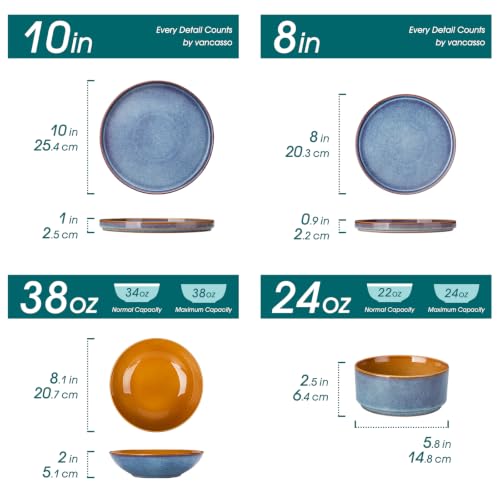Image of ONION Ceramic Plates and Bowls Sets for 6, 24 Pieces Stoneware Dinnerware Sets for Kitchen, Reactive Glaze Dish Set, Dishwasher and Microwave Safe, Blue