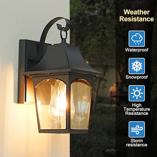 Outdoor Wall Sconce Lantern for Hallway Porch Garage Doorway Garden, Black Vintage Outside Lighting Wall Mount Lanterns, Exterior Wall Light Fixture with Clear Waterproof Glass Shade