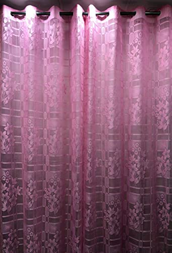 Image of Fabrilia Heavy Polyester Net Semi Sheer Fancy Grommet Curtains, Floral Design, Pink, Window- 4 Feet X 5 Feet, Pack Of 2 Pcs