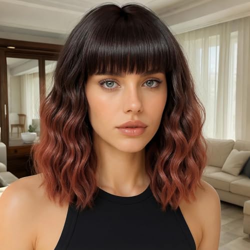 Piolamdo Short Wavy Auburn Wig with Bangs 14inch Ombre Wigs for Women Short Curly Bob Wigs Synthetic Natural Looking Hair Replacement Wigs Costume Cosplay Halloween Wig(14'' Ombre Auburn)