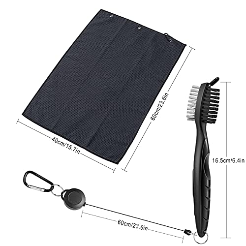 Golf Towel Golf Club Brush Set, Microfiber Waffle Towels for Golf Bags with Clip, Golf Club Groove Cleaner Tool with Retractable Carabiner, 2 Pack Gifts Golf Accessories Set for Men (Black)
