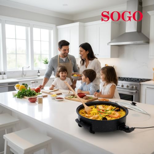 SOGO Paellera Eléctrica Multiusos – Olla Eléctrica para Cocinar 1500W, 9 cm Profundidad, Antiadherente con Termostato 240°C - Sartén Eléctrica con Regulador de Temperatura y Tapa de Cristal - imagen 6