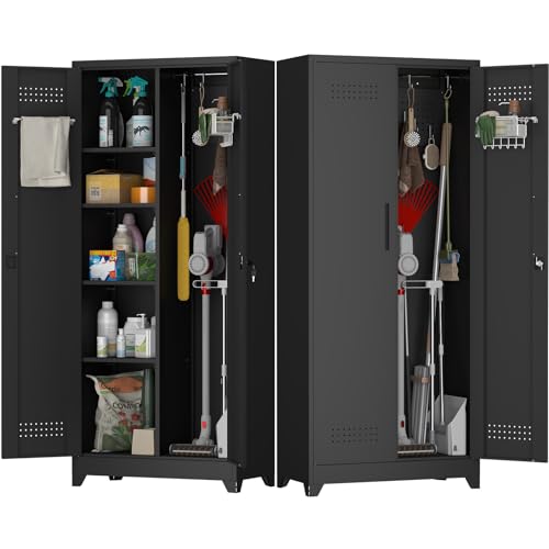 Image of Metal Locking Cabinet, 72.8 inch Tall Storage Cabinet for Broom, Garage Storage Cabinet with Doors and Shelves, Heavy Duty Tool Cabinet for Home Office, School, Basement,Gym