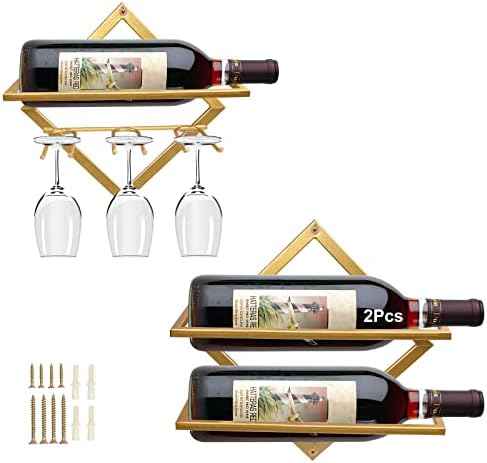 2Pcs Metal Wall Mounted Wine Holder Stemware Glass Rack, Collapsible Wall Hanging Red Wine Racks Organizer with 3 Stem Glass Holders, Wine Bottle Display Hanger for Home Kitchen Bar Decor (Black)