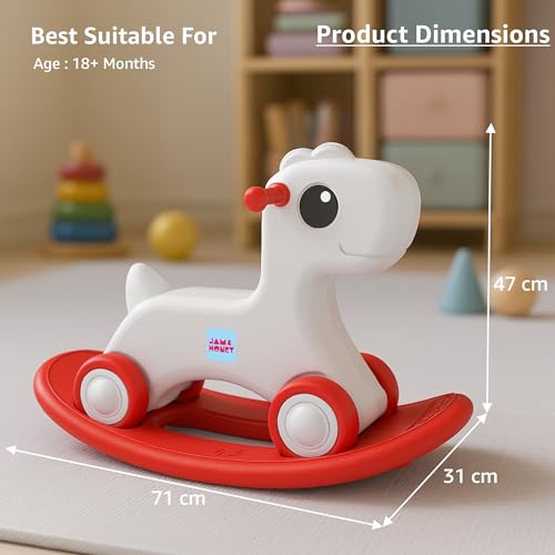 Image of Amazon Brand - Jam & Honey 3-in-1 Baby Push On Ride On Rocker for Kids | Balancing Board | Backrest | Easy Grip | Four Wheel | Durable and Safe | Lightweight | Animal Theme | 12 Months+ | Red & Grey