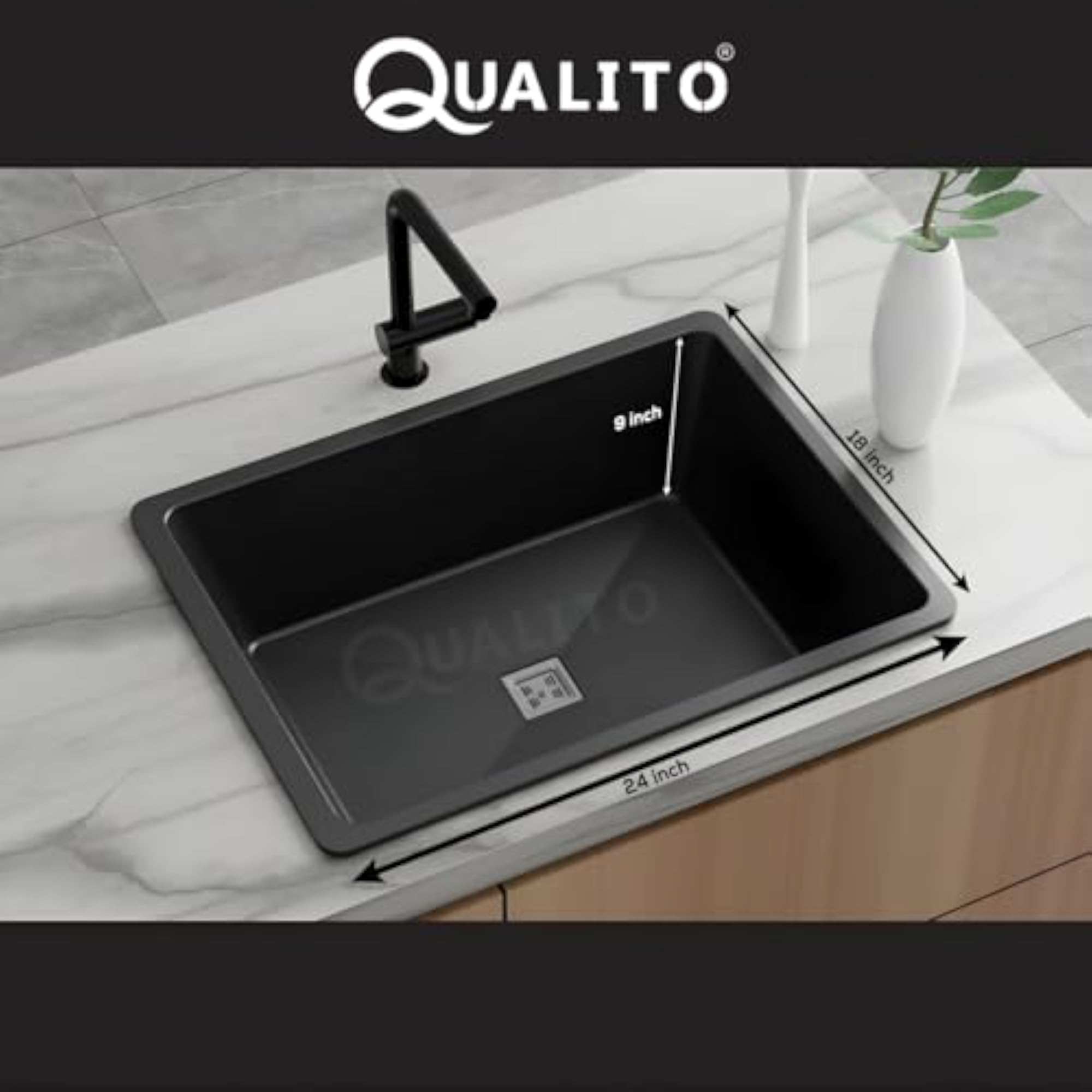 Quartz Kitchen Sink 24x18x9 Inch, Single Bowl Granite Design
